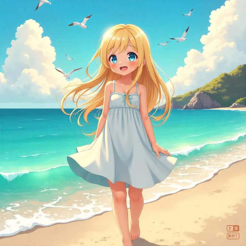 Cheerful White Girl by the Ocean - Anime Style