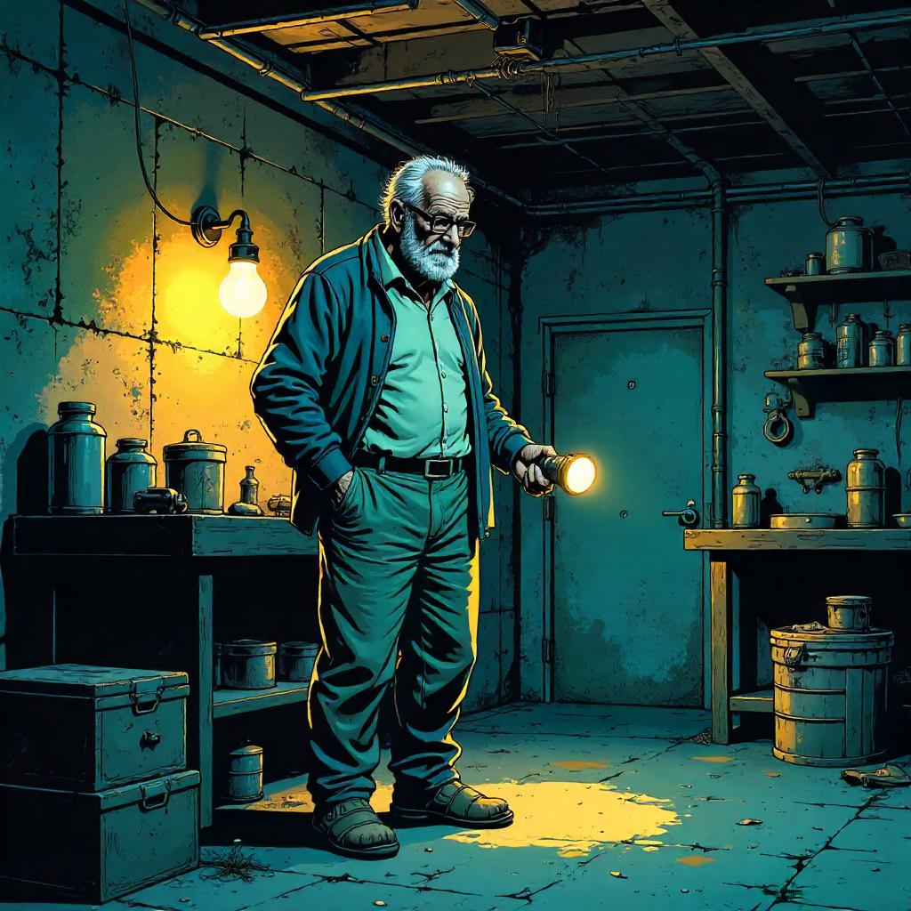 Basement Sentinel: An Elderly Hero in Comic Style