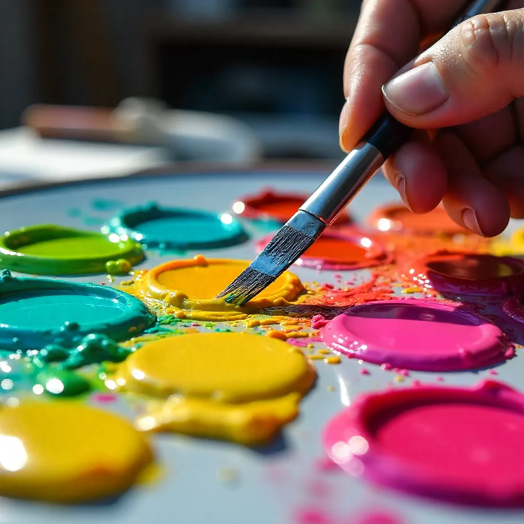 Macro Close-Up: Hand Mixing Vibrant Paints on Palette