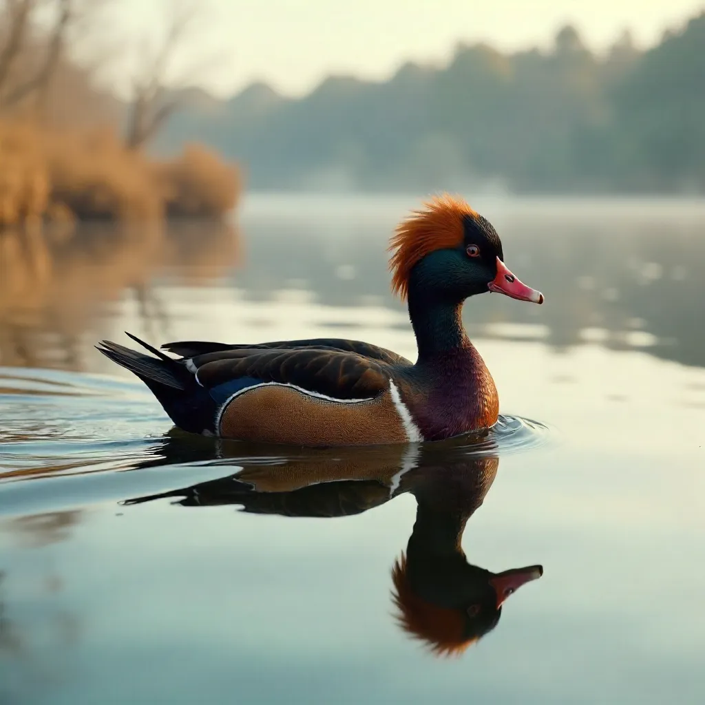 Graceful Red-Crested Pochard on a Serene Lake