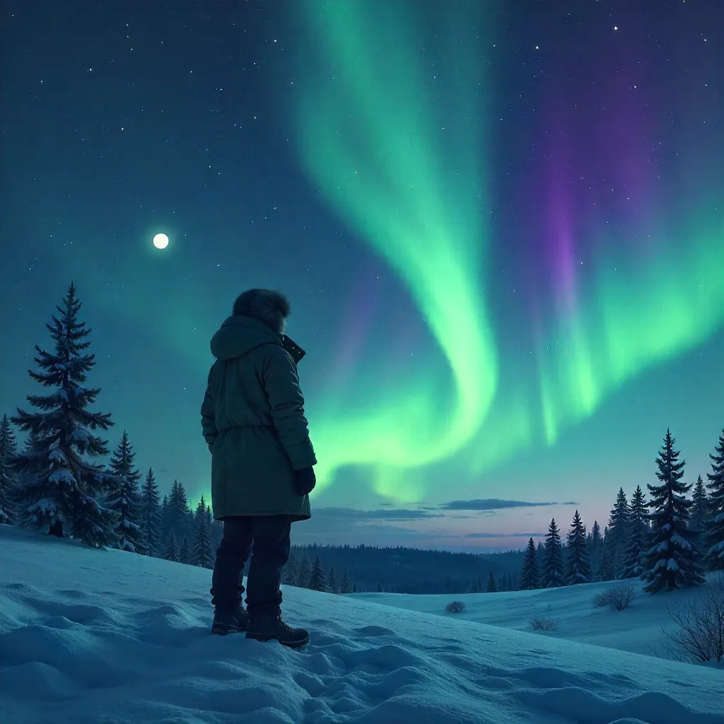 Silhouette Under the Aurora on a Starry Night