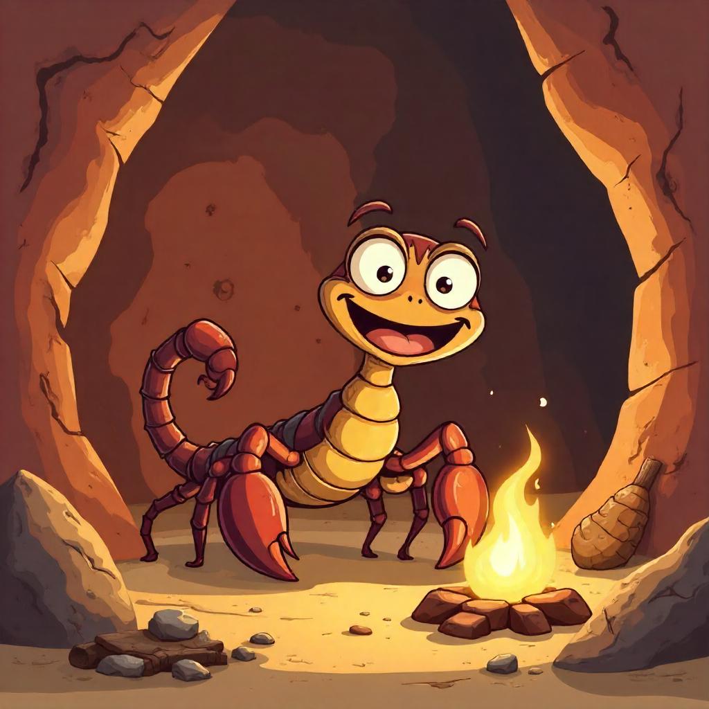 Stone Age Cartoon Scorpion in a Cave Camp