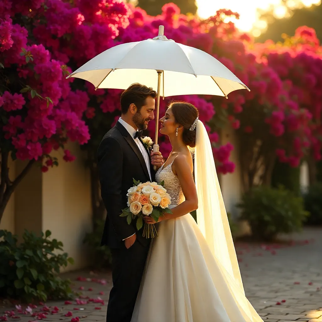 Bougainvillea Romance Under a White Umbrella