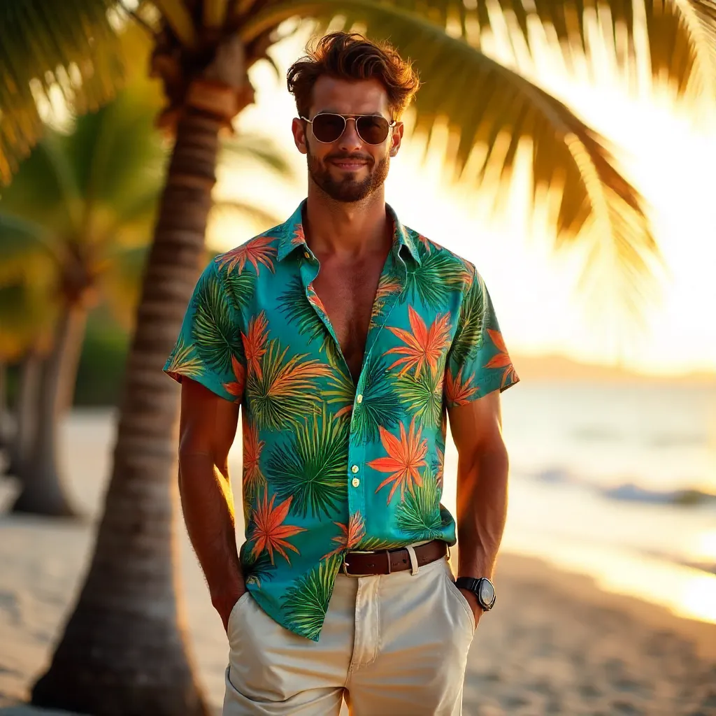 Sunset Style: Vibrant Shirt, Palm Trees, Summer Vibes