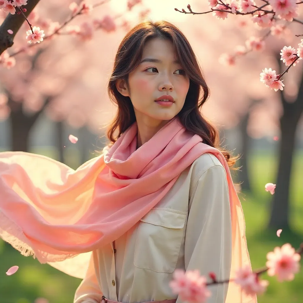 Serene Spring Portrait: Woman in a Scarf Amid Cherry Blossoms