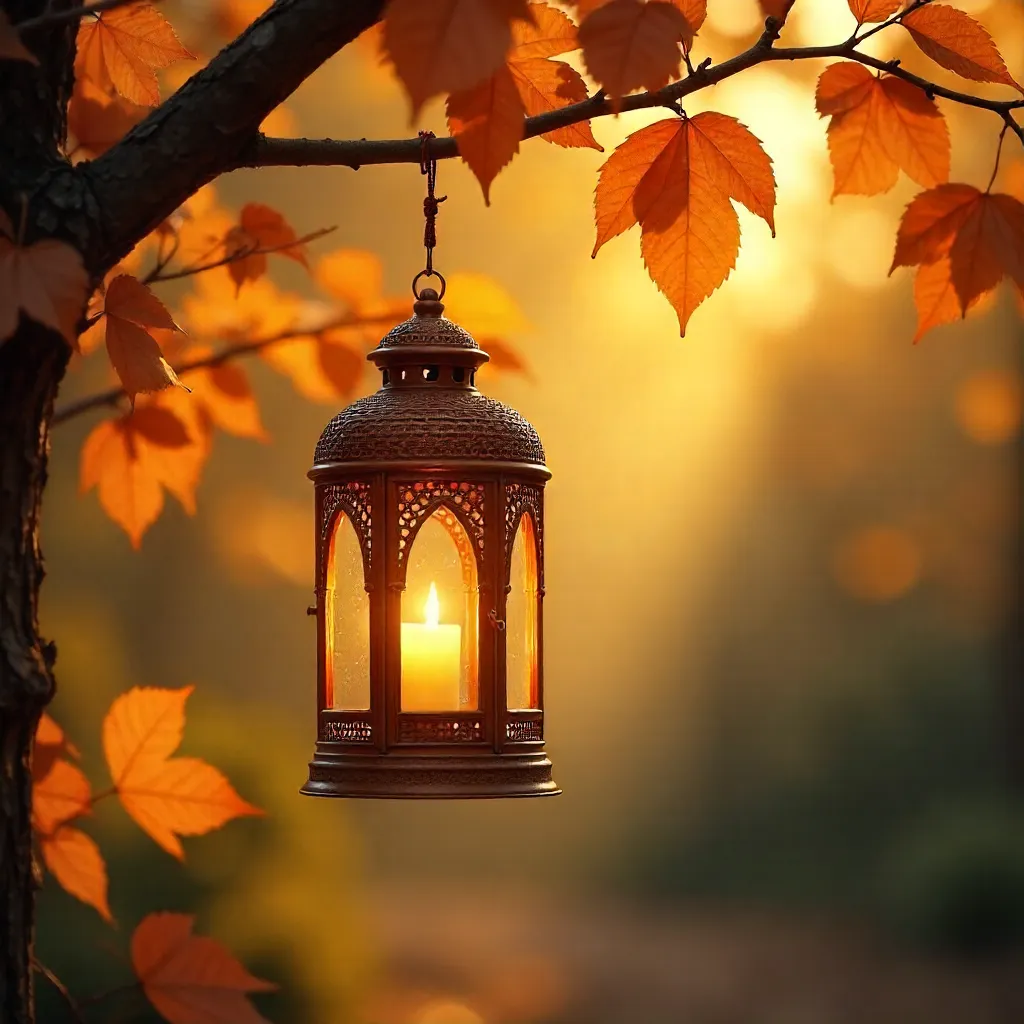 Elegant woven lantern in golden autumn glow