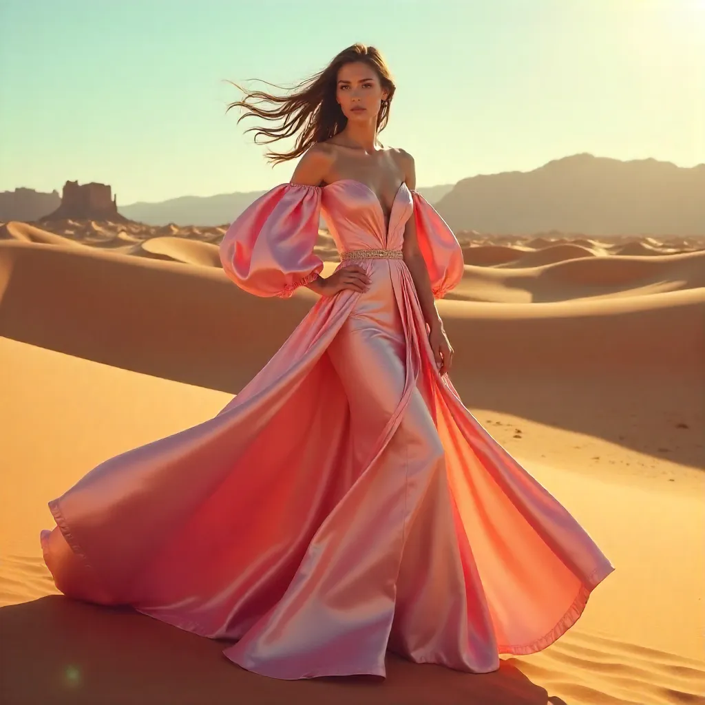 Desert Couture: Pink Gown on Windy Dunes
