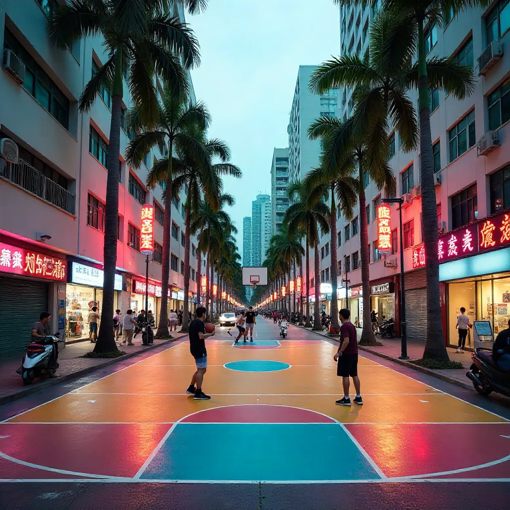 Vibrant Kowloon Court: Pastel Palms and Neon