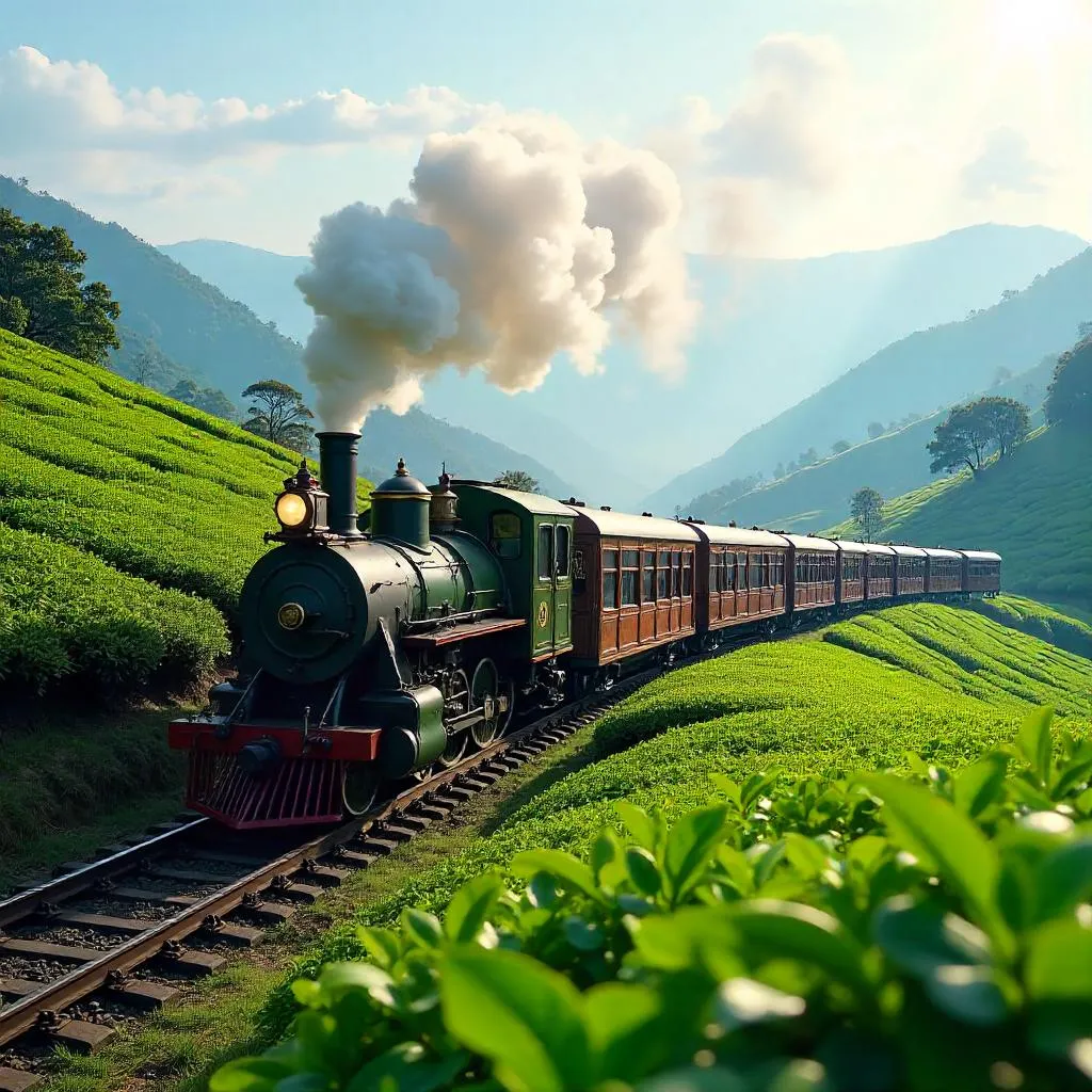 Photorealistic Train Winding Through Tea Plantation