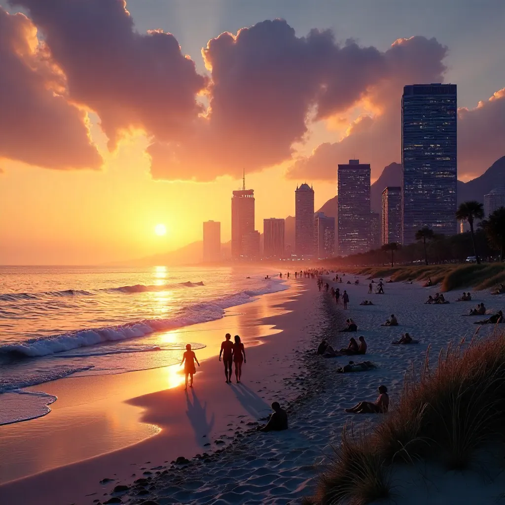 Dusk Serenity: City Beach at Twilight with Skyline