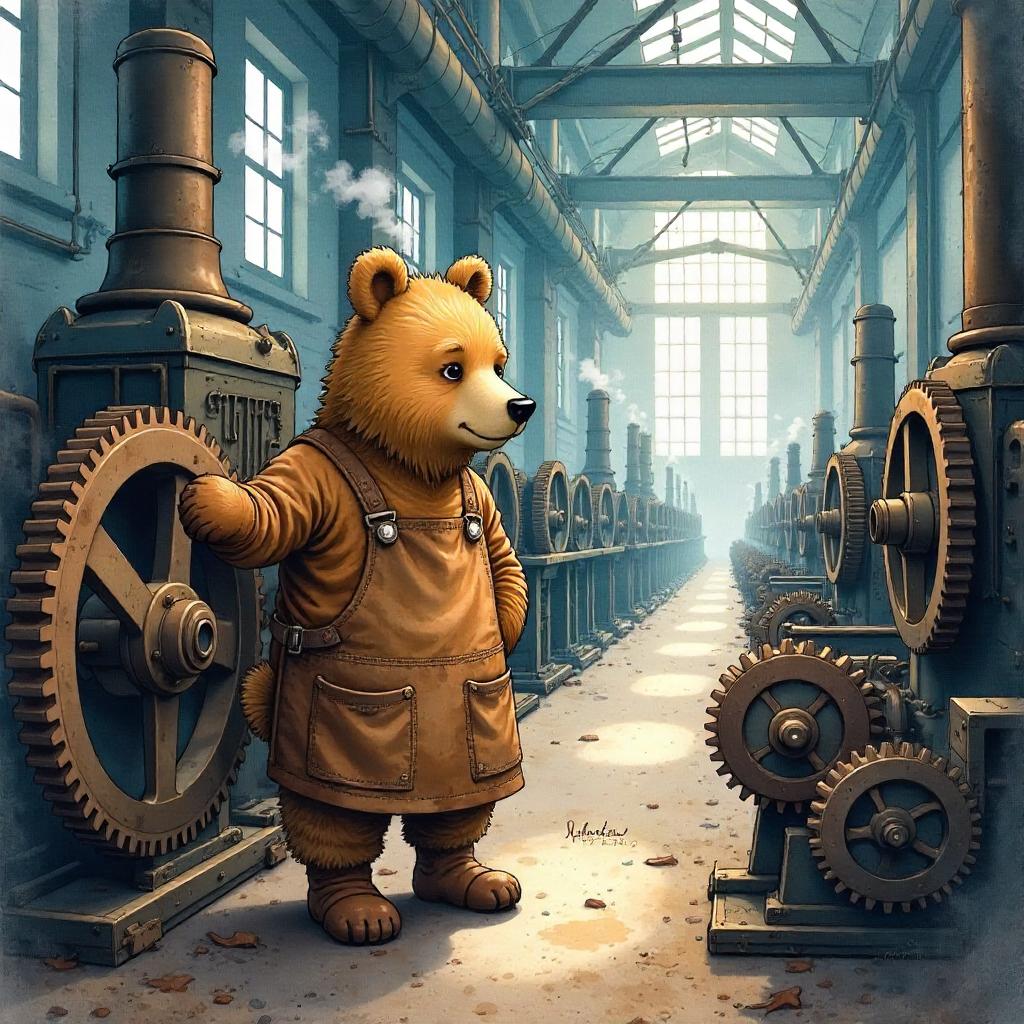 Bear in a Gear Factory - Watercolor Scene