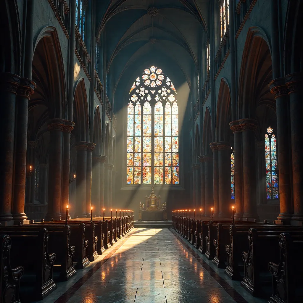 Gothic Church Interior: Arches and Stained Glass