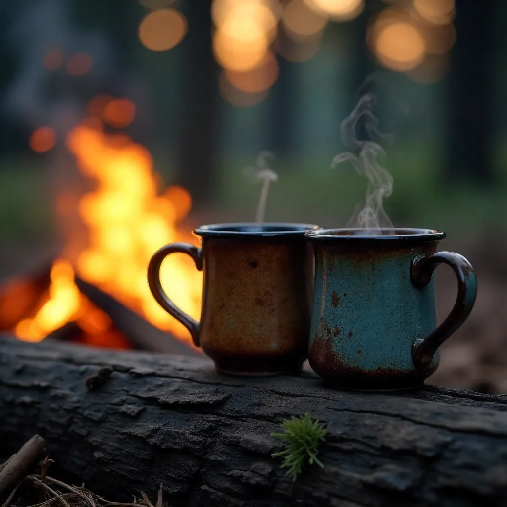 Close-Up Tea and Coffee Mugs by Campfire