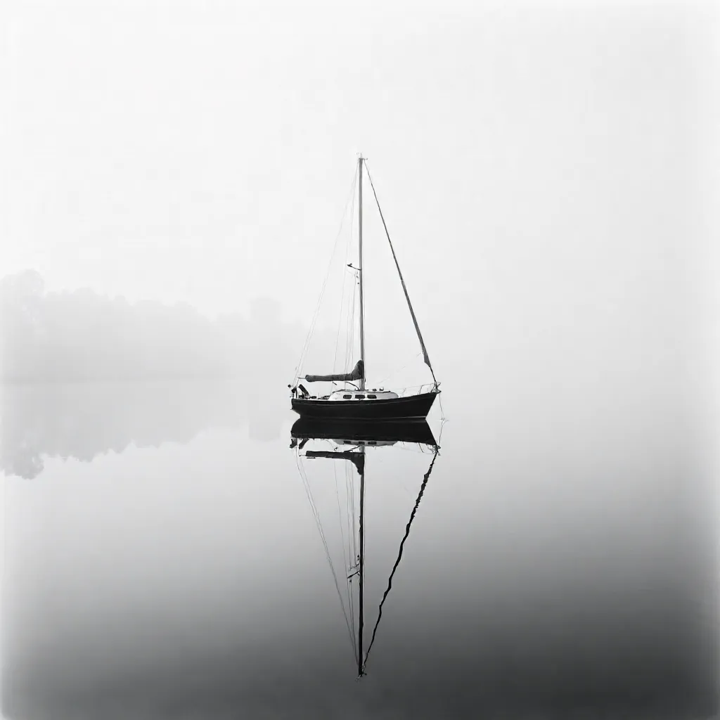 Elegant Black and White Boat with Perfect Mirror Reflection