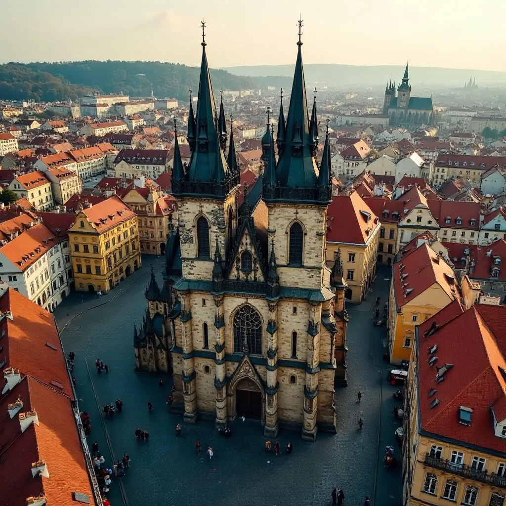 Aerial View of Church of Our Lady before Týn over Prague Old Town