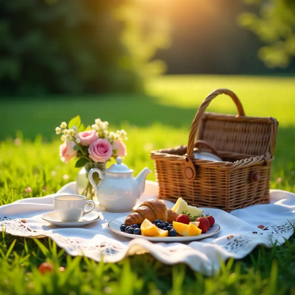 Elegant Outdoor Picnic with Tea and Croissants