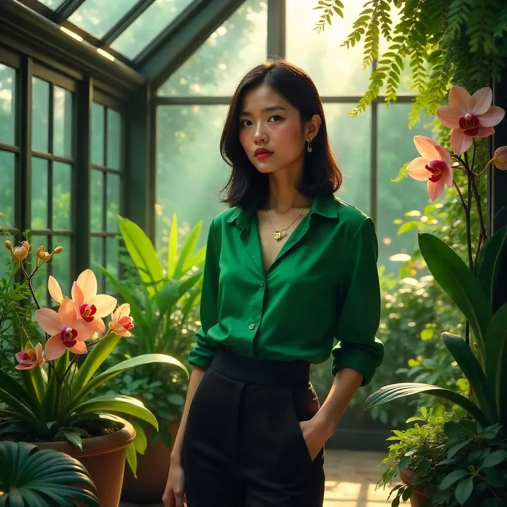 Stylish Asian Woman in a Lush Conservatory