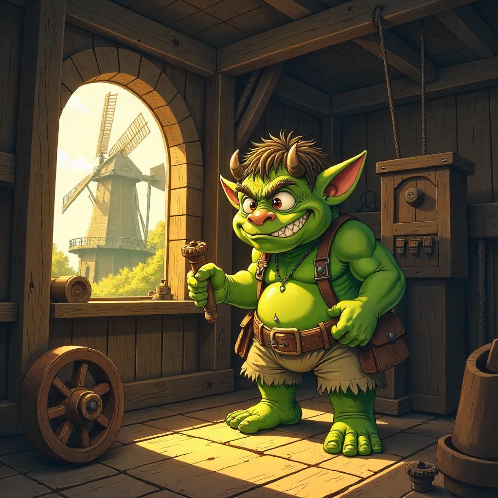Anime Troll Inside a Rustic Windmill Workshop