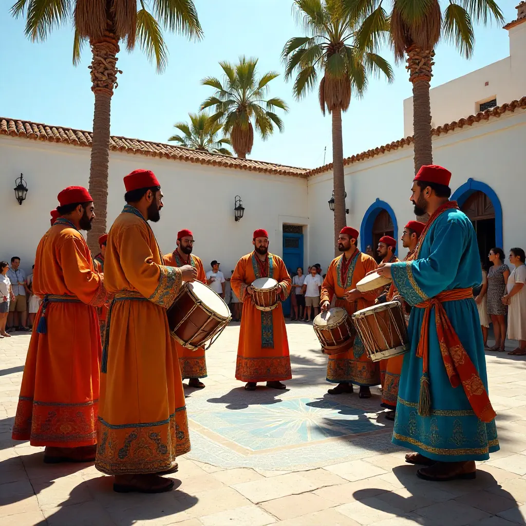 Moroccan Musicians in Traditional Attire Outdoors