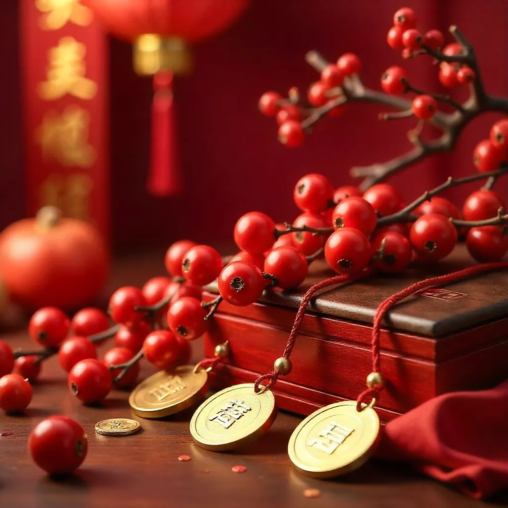 Festive Chinese New Year Decor with Red Berries and Gold Coins