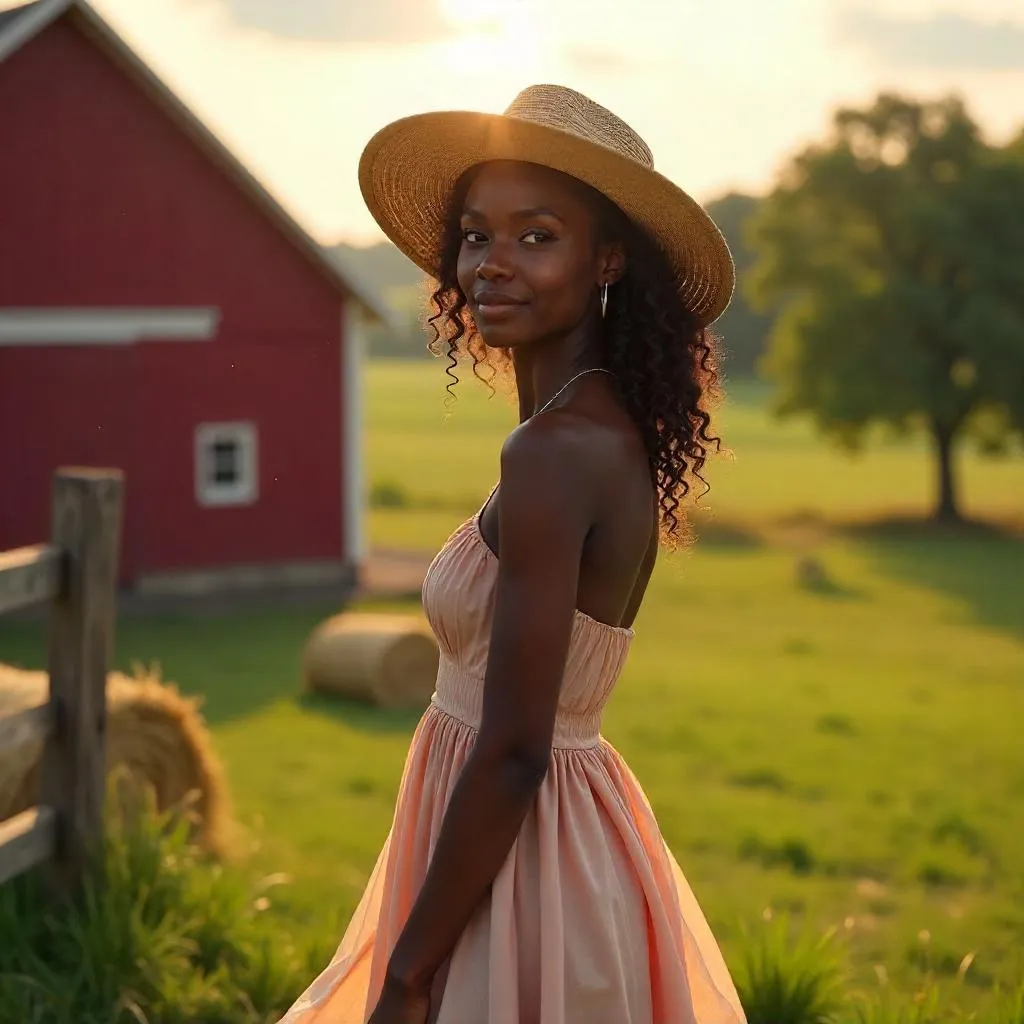 Elegant Black Woman on a Sunlit Farm - 3D Render