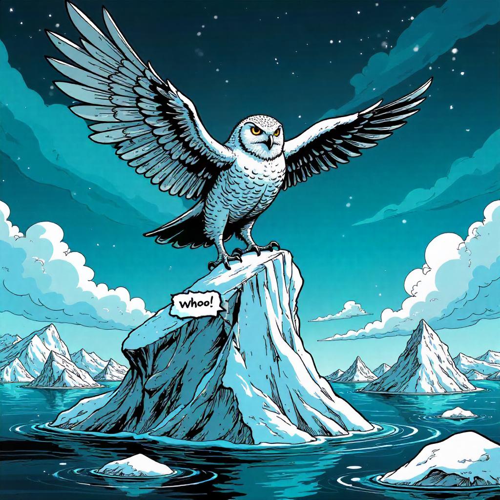 Owl Hero in a Comic Splash Among Icebergs