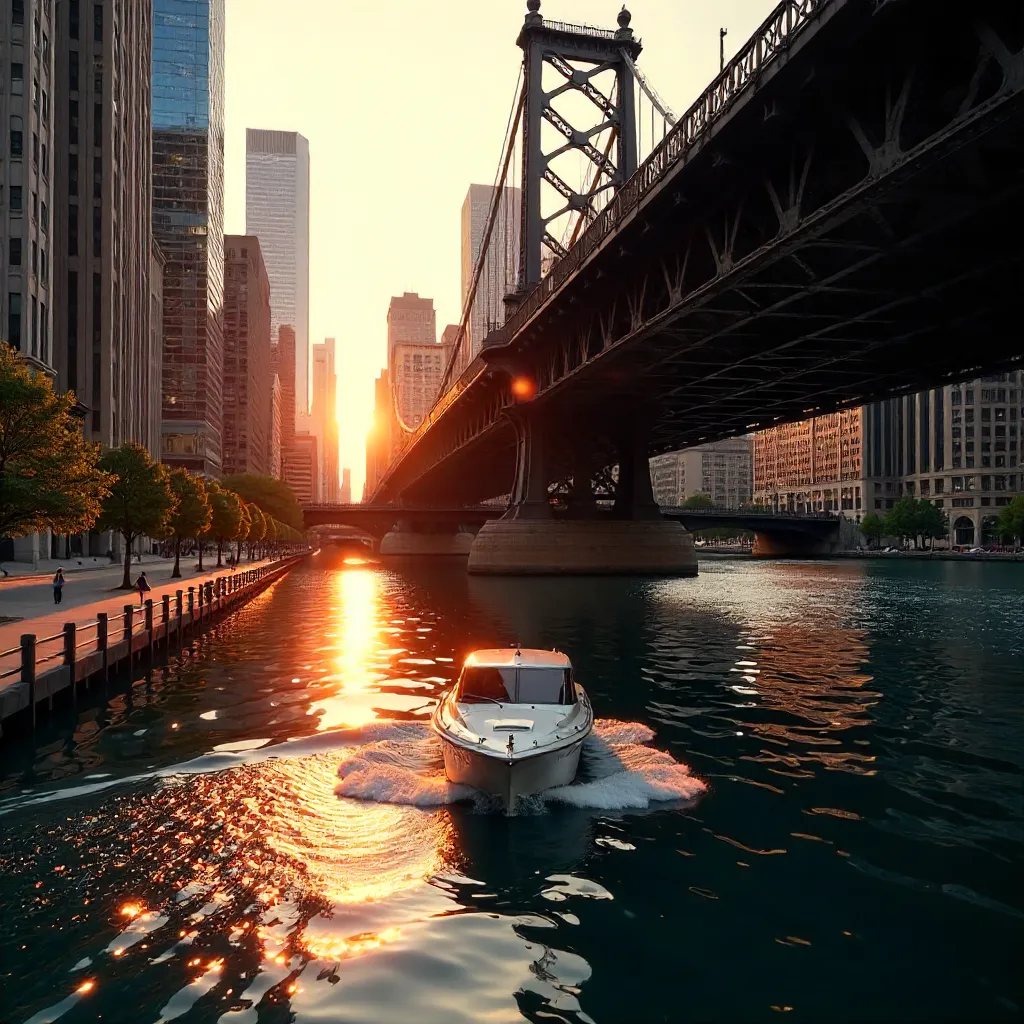 Golden Hour on the Chicago River Under Clark Street Bridge