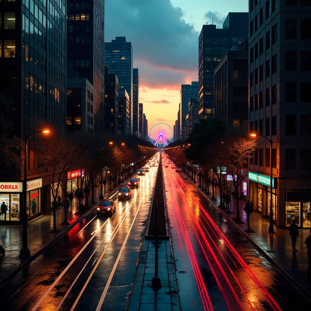 Twilight City Street with Distant Ferris Wheel