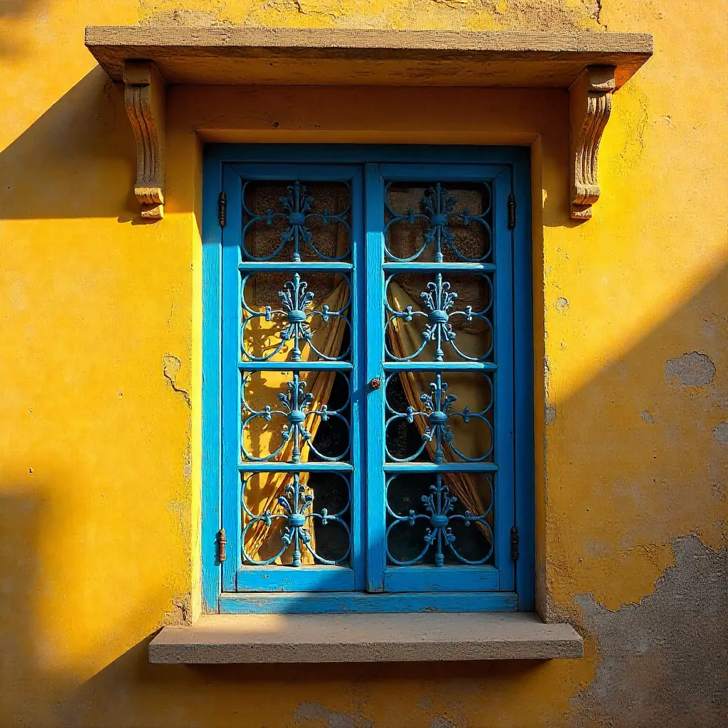 Yellow Stone Window with Blue Bars in Jodhpur