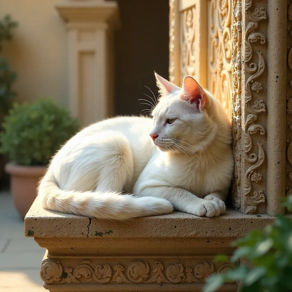 Elegant White Cat on Carved Stone Wall