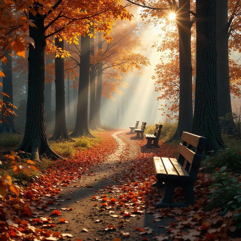 Winding Autumn Forest Path with Benches