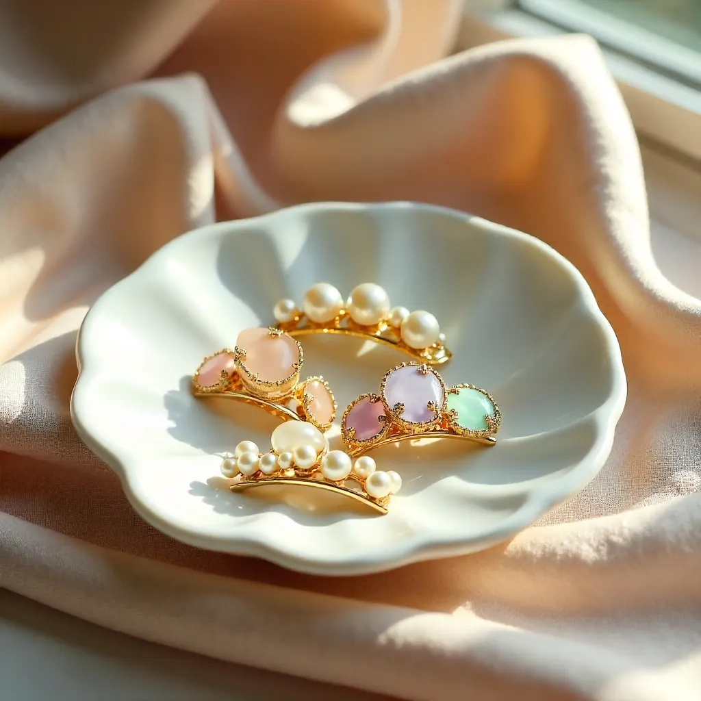 Elegant Shell Dish Hair Clips on Textured Fabrics