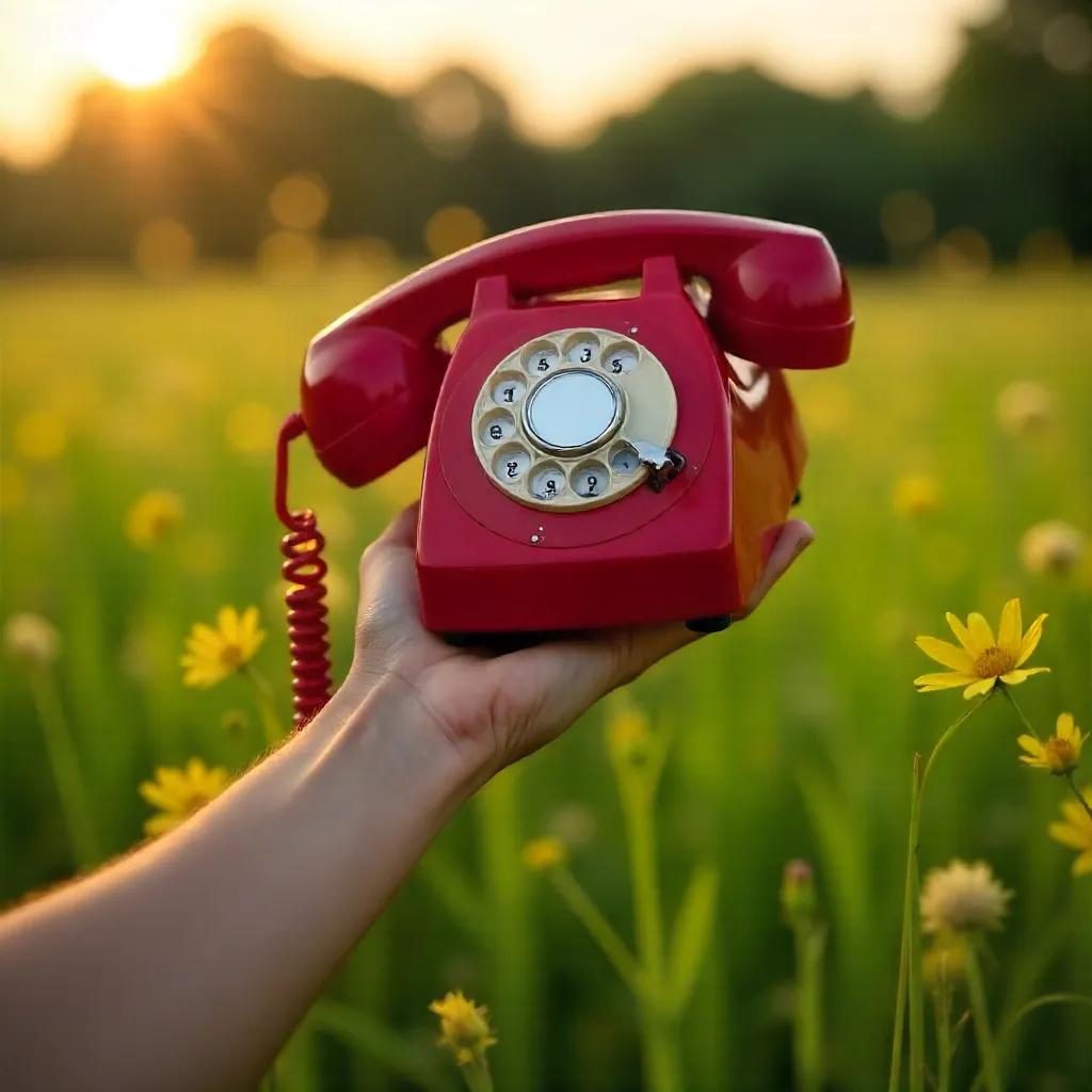 Hand Lifts Red Rotary Phone in a Green Field