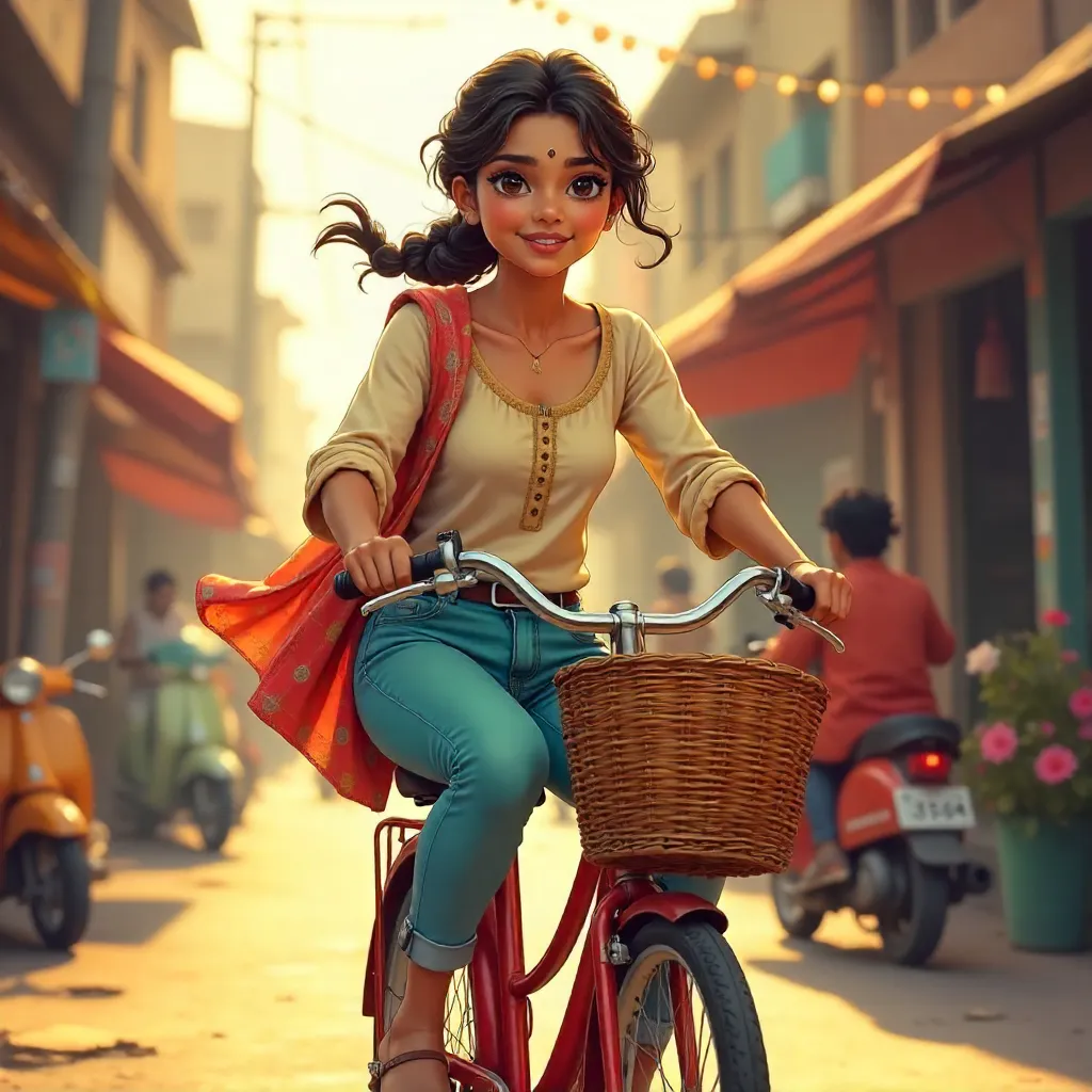 Anime-Style Indian Woman Riding a Bicycle