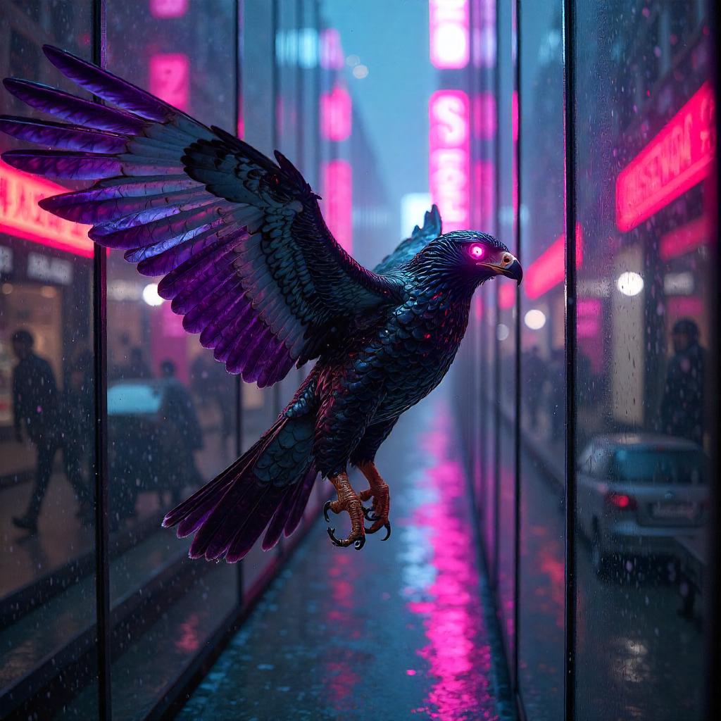 Neon Hawk Navigates a Cyberpunk Mirror Maze