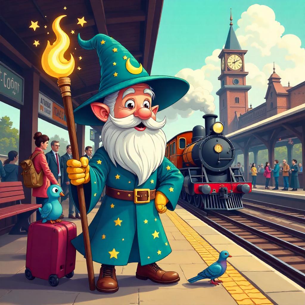 Wizard in a Busy Cartoon Train Station