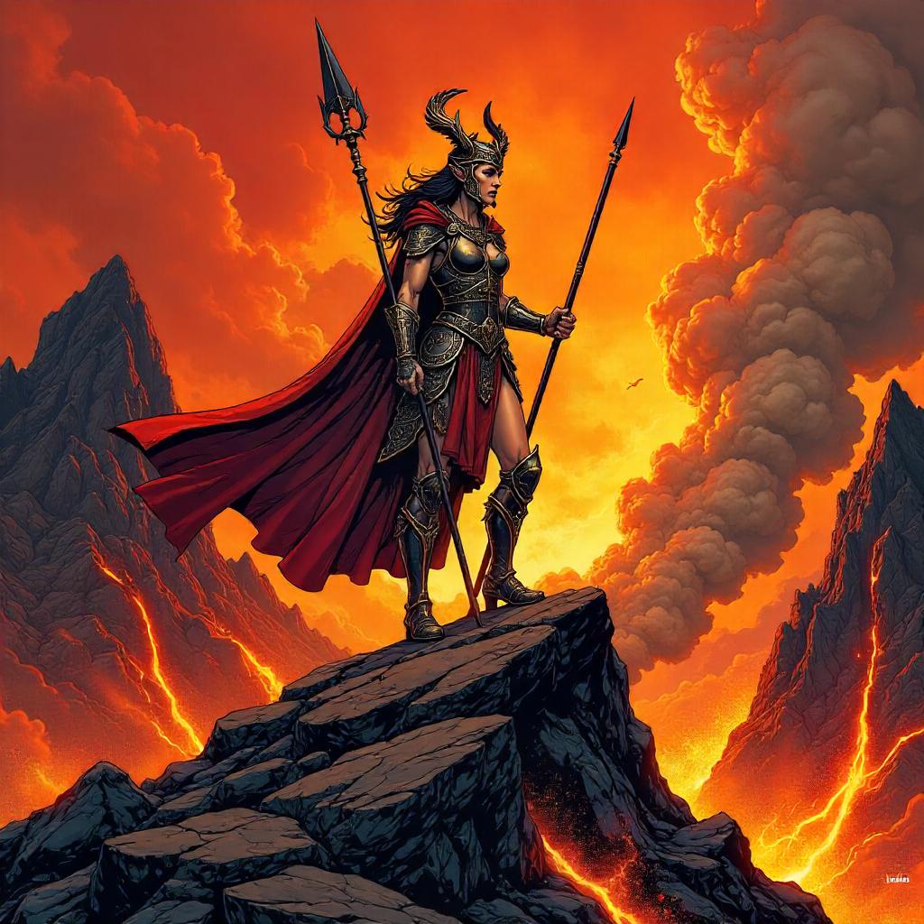 Valkyrie on Volcanic Rocks in Comic Book Style
