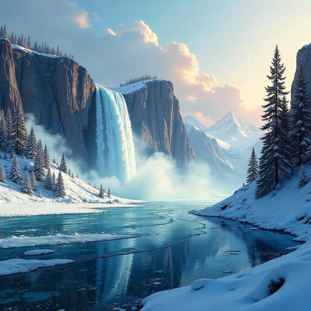 Frozen Waterfall Concept Art Over a Silent Lake