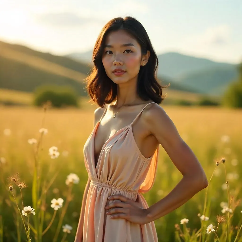 Confident Asian Woman in a Sunlit Meadow