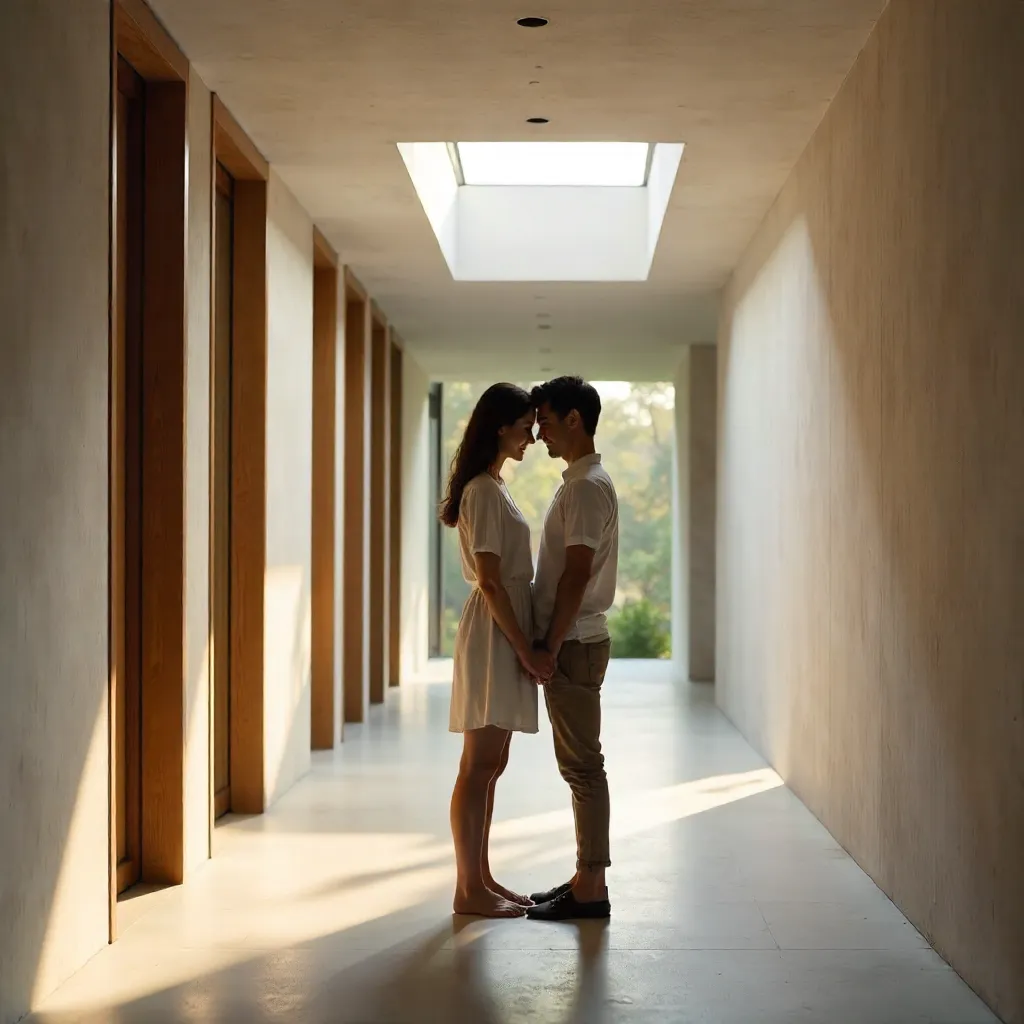 Serene Moment in a Modern Hallway: An Intimate Couple