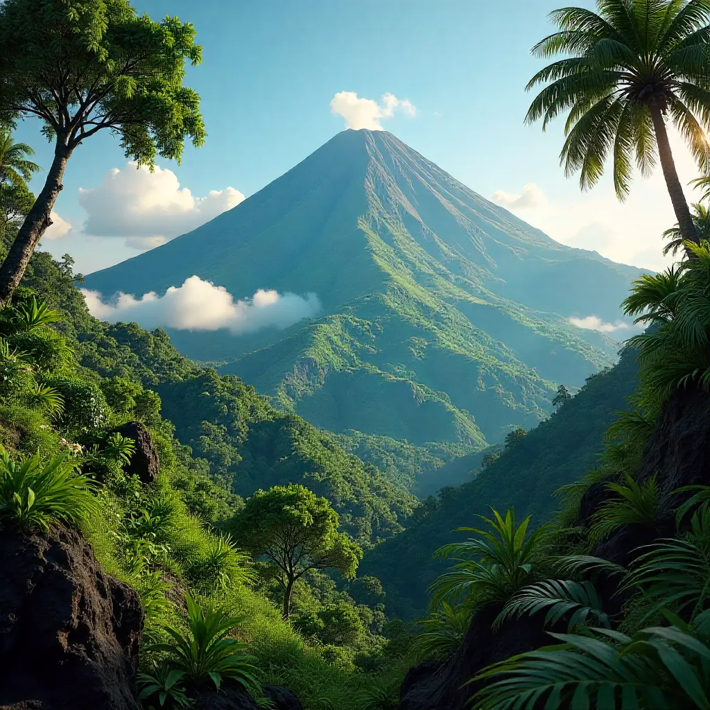 Verdant Volcano Over a Lush Green Panorama