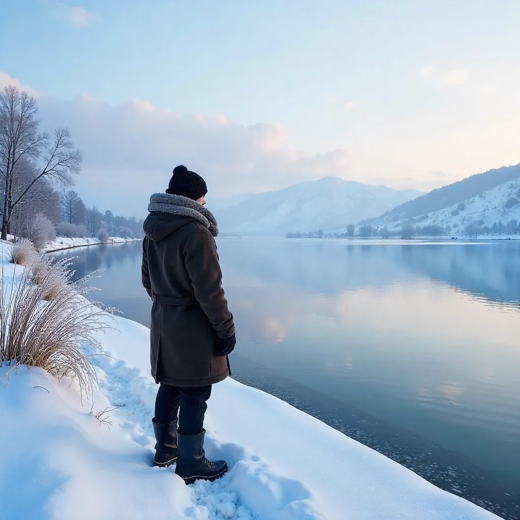 Serene Winter by Lake Van with Snowy Hills
