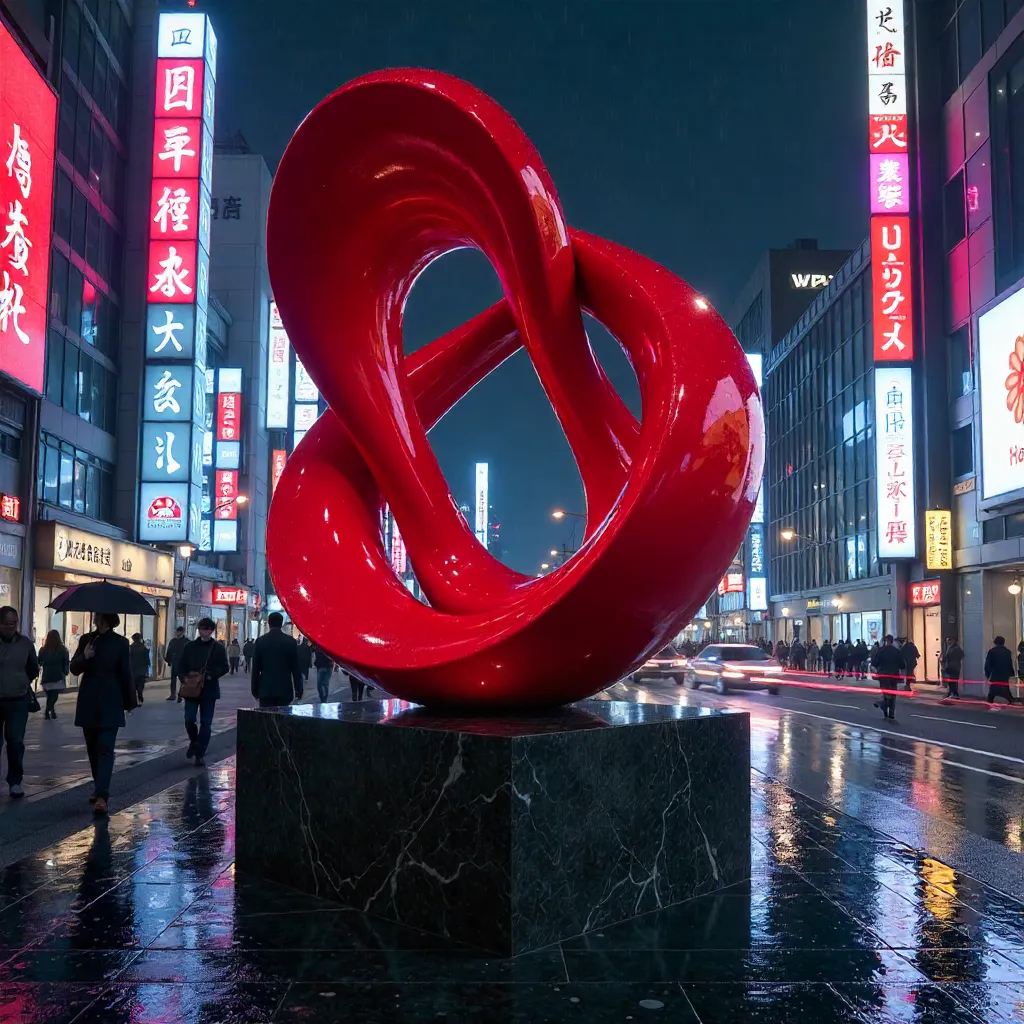 Vibrant Red Abstract Sculpture in Tokyo Skyline