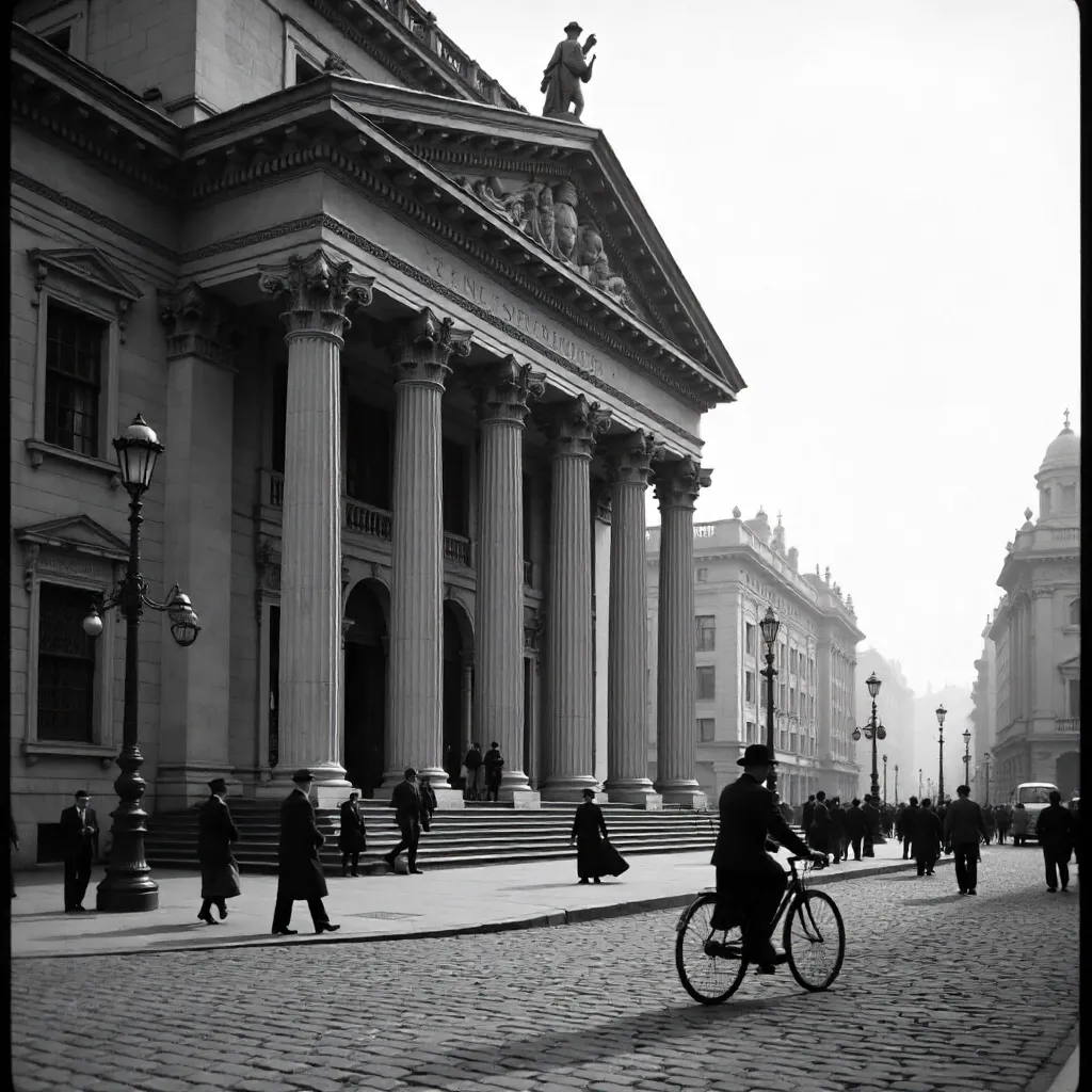 Monochrome Street: Classical Building and Cyclist