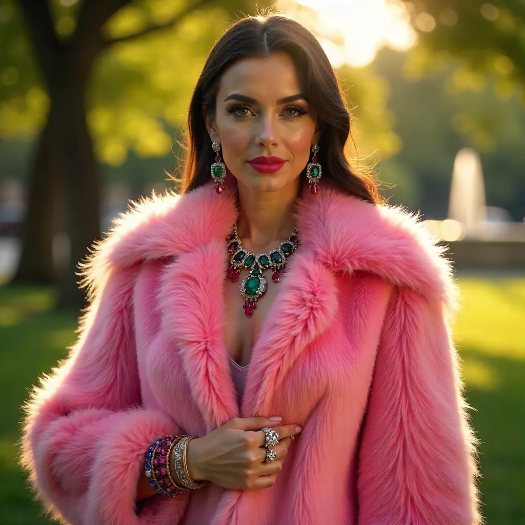 Glamorous Pink Fur Coat with Vibrant Jewelry Outdoors