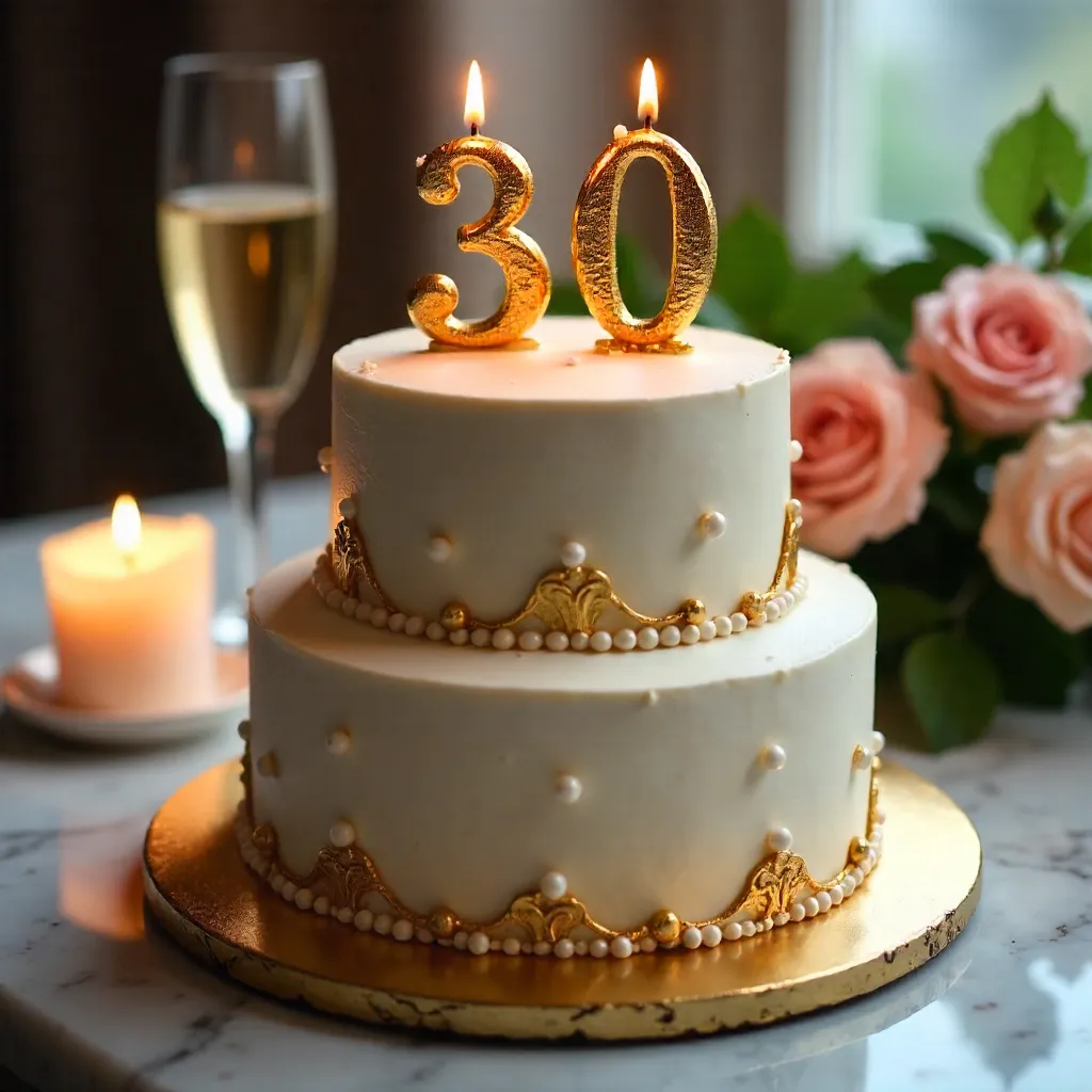 Elegant 30th Birthday Cake with Lit Number Candles