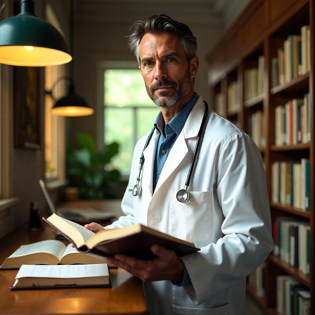Photorealistic Doctor in a Quiet Library