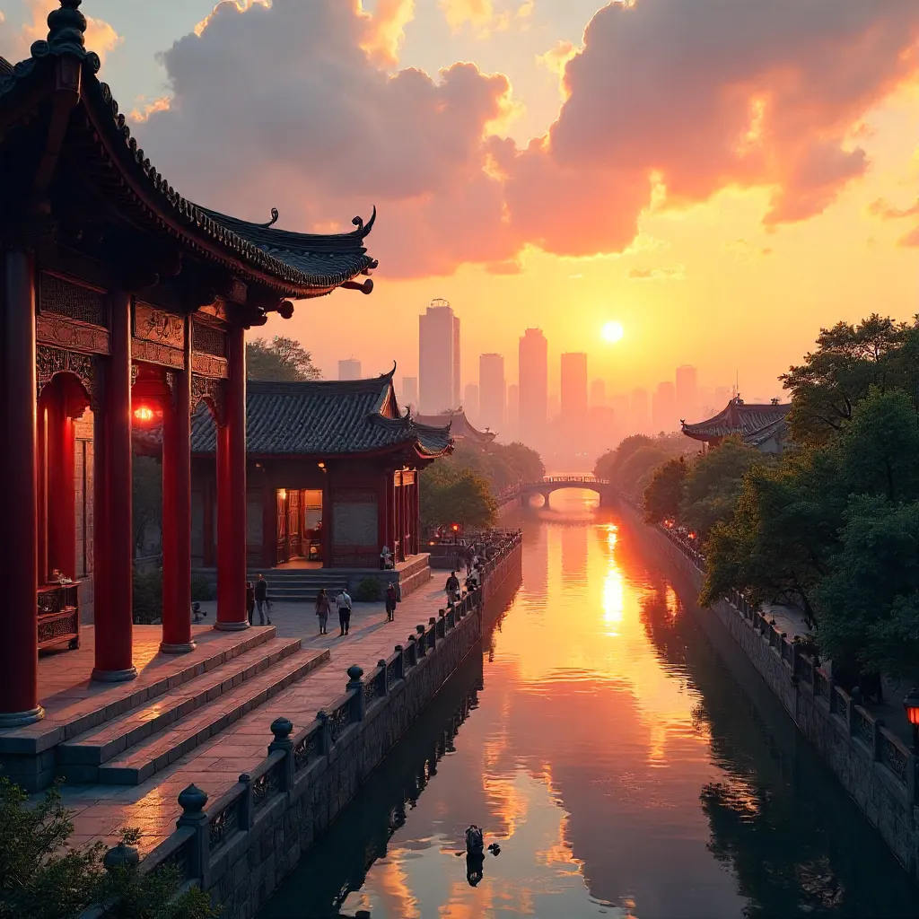 Sunset Juxtaposition: Traditional Roofs vs Modern Skyscrapers