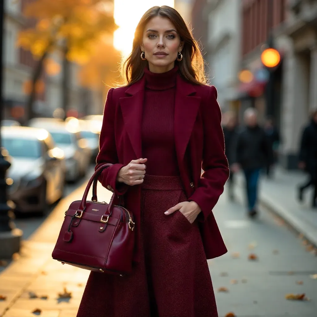 Autumn Chic: Maroon Outfit with Leather Handbag