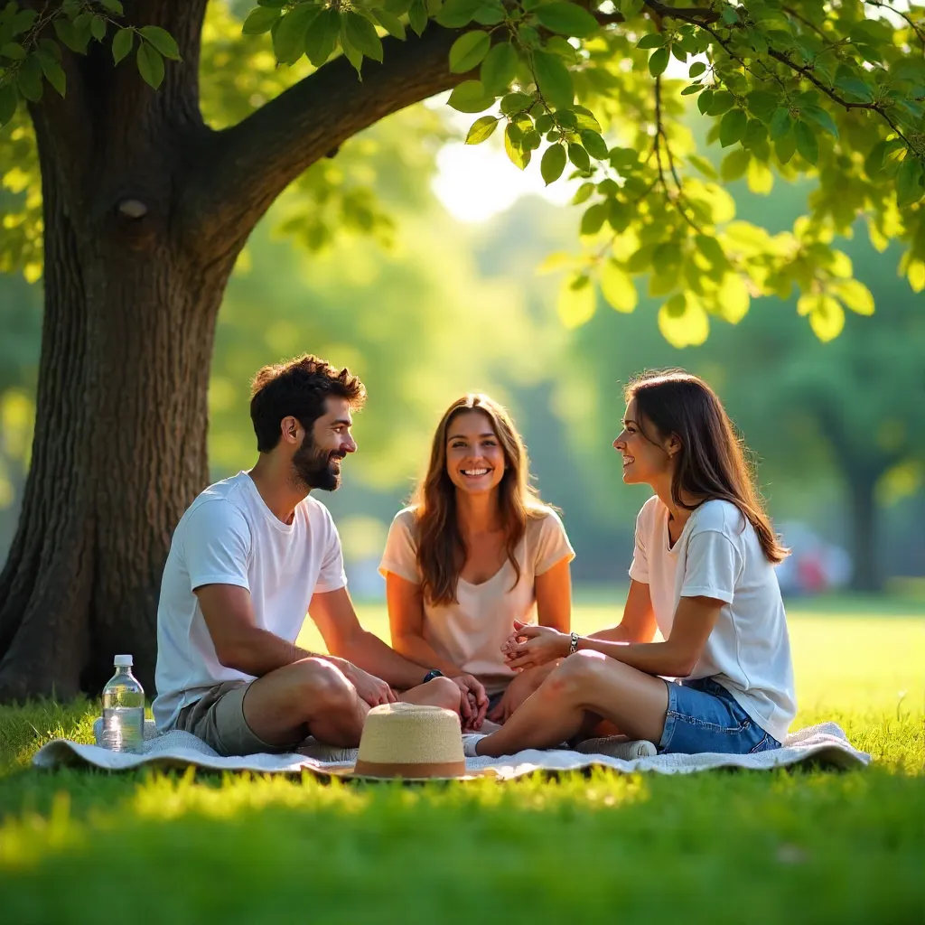Three Friends Under a Sunny Summer Tree